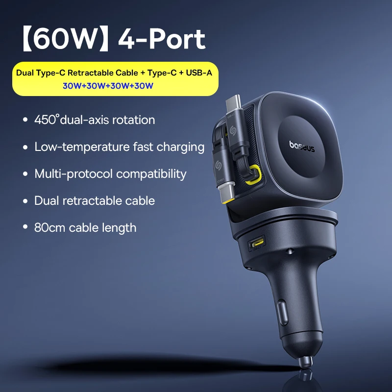 Baseus Car Charger 60W 100W 30W 240W 4 ports Built in Dual Retractable Cable PD Fast Charging USB Type-C Car Phone Charger - Image 8