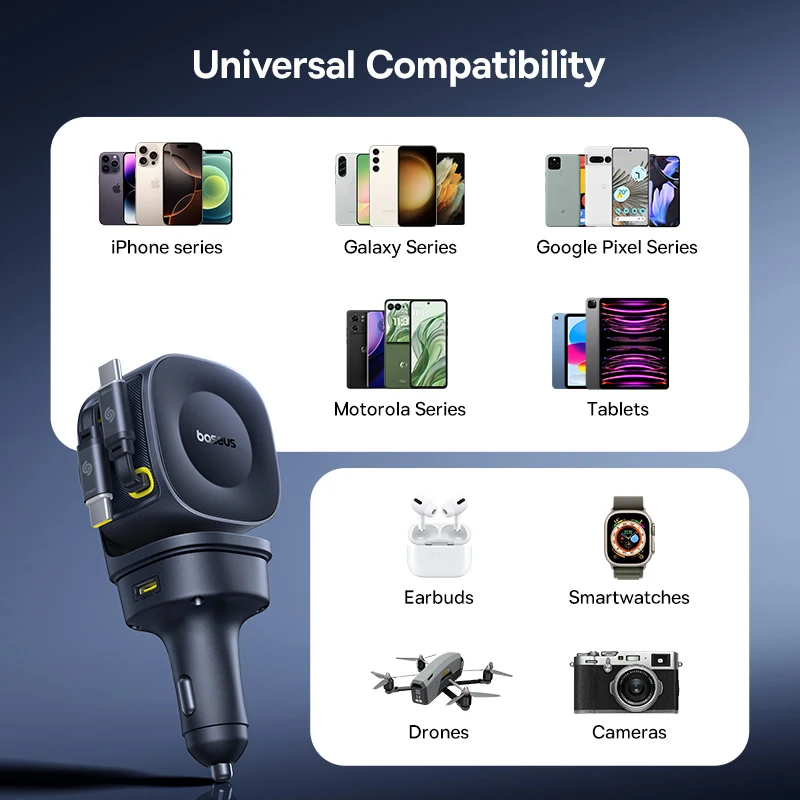 Baseus Car Charger 60W 100W 30W 240W 4 ports Built in Dual Retractable Cable PD Fast Charging USB Type-C Car Phone Charger - Image 6