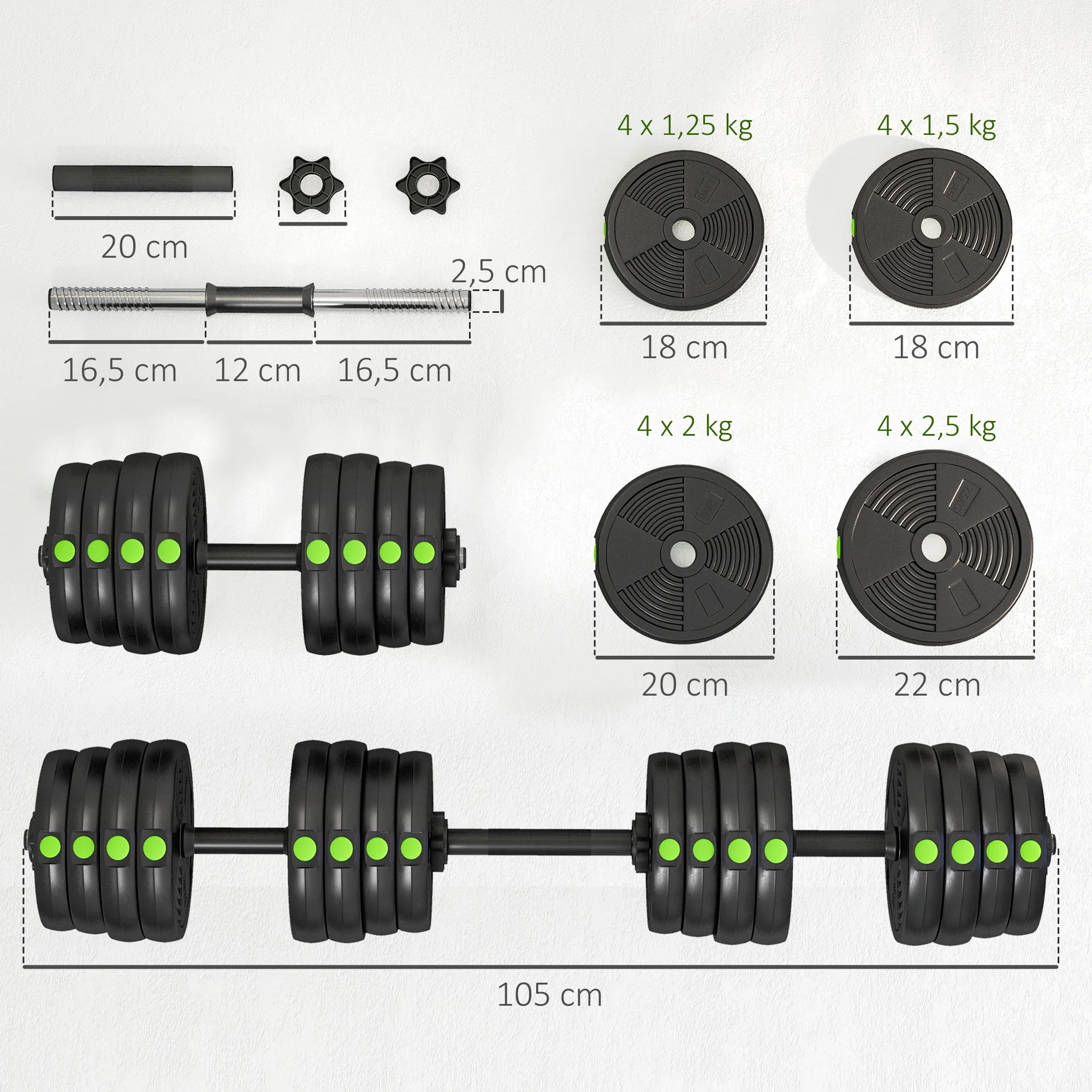 SPORTNOW dumbbells 2 adjustable 1 free dumbbells with non-slip handles, 30 KG-bars included - Image 6
