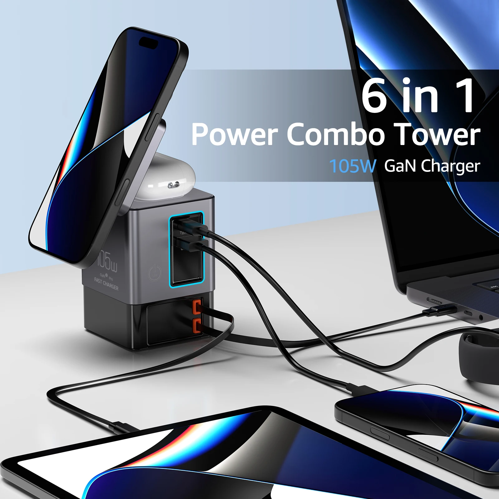 6-in-1 Charging Station with Retractable USB-C Cable Power Combo Tower 105W for Multiple Devices Fast Charger for iPhone Airpod - Image 3