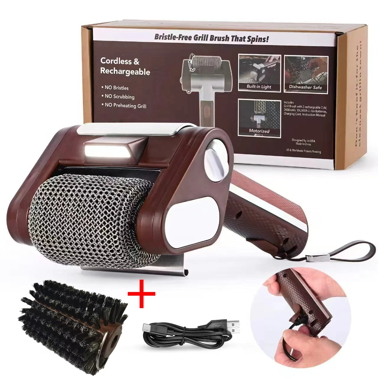 Wireless Electric BBQ Cleaning Brush with Light Rechargeable Stainless Steel for Outdoor Camping Commercial Home Send a Brush