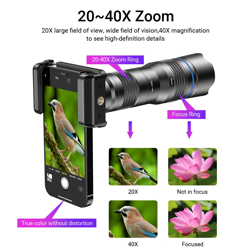 APEXEL HD Metal 20-40x Zoom Telescope Lens Phone Telephoto Lens With Extendable Mini Tripod for All Smartphones Hunting Sports - Image 2