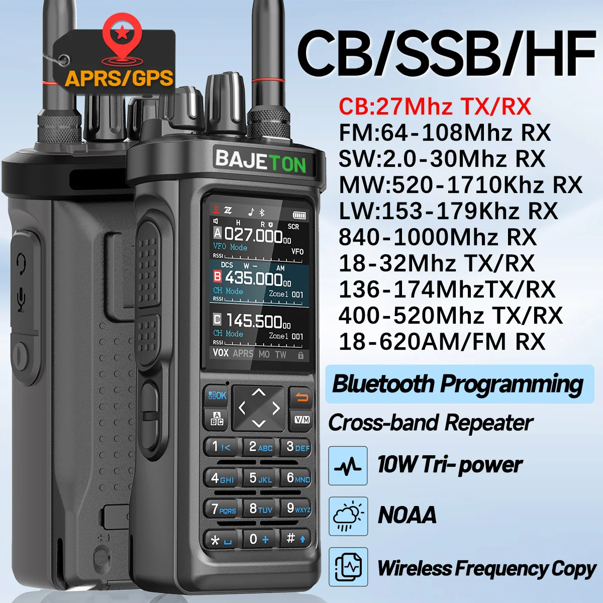 BAJETON BJ-9000 GPS APRS Walkie Talkies 10W CB 27Mhz Receive Bluetooth Programming Long Rang NOAA VOX RT-950 RT-950PRO Ham Radio