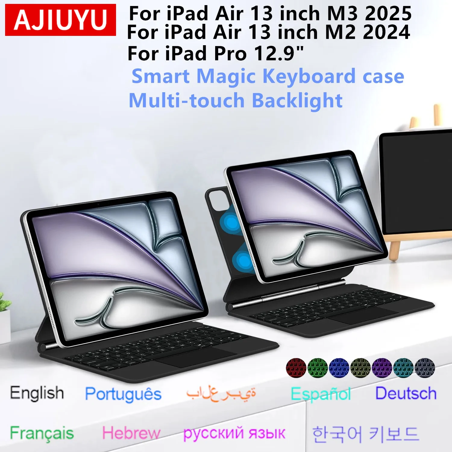 Magic Keyboard for iPad Air 13 inch M4 2026 M3 M2 Pro 12.9'' Smart Case Spanish Portuguese Hebrew French German 한국어 키보드 Keyboard