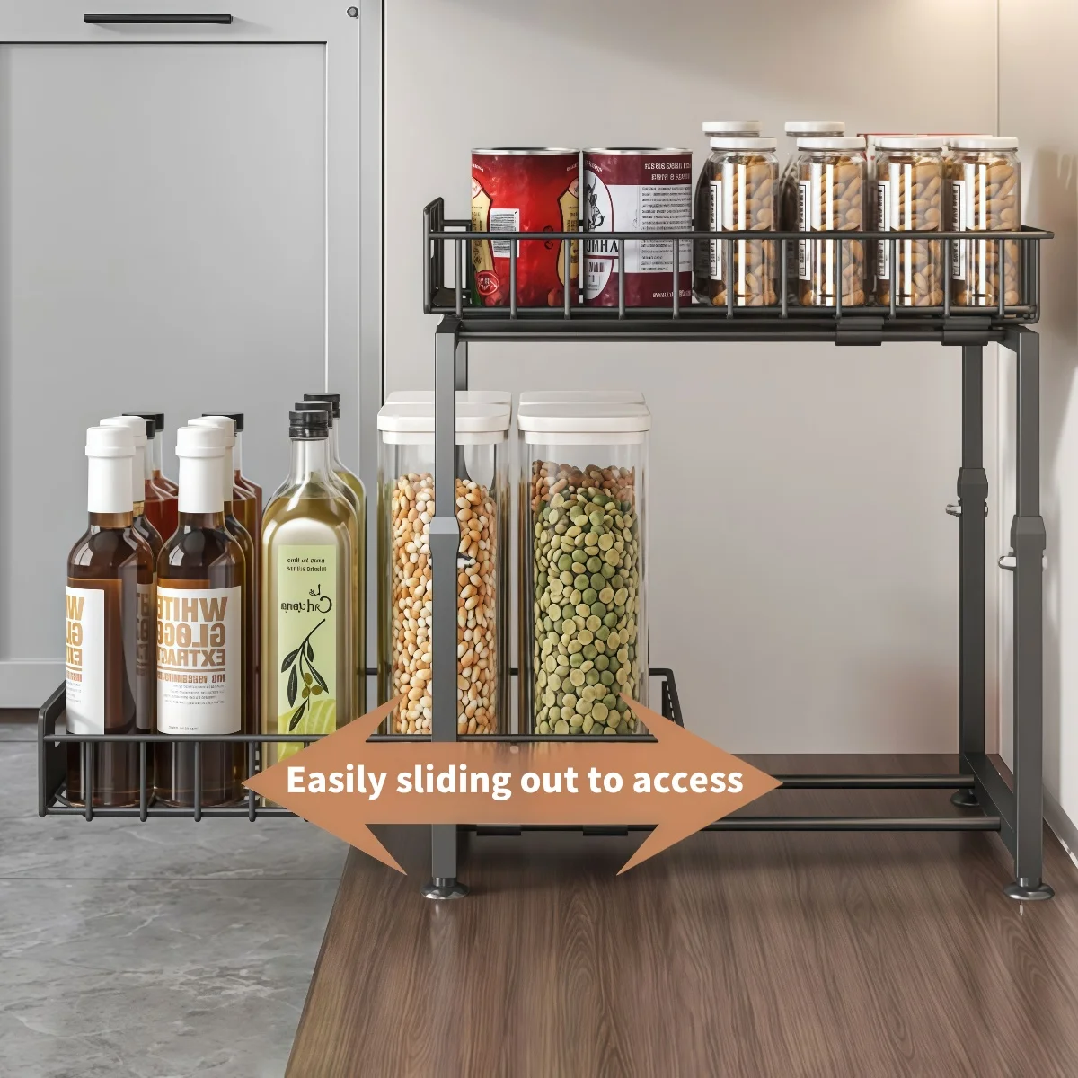 2-Tier Under Sink Pull Out Storage Rack, Height Adjustable Cabinet Organizer, Heavy Duty Thickened Metal Shelf, Multi-Use - Image 6